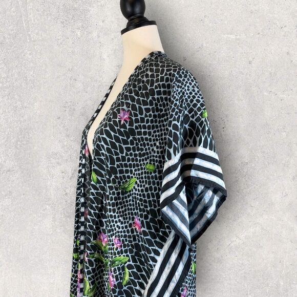 Anthropologie Printed Duster Kimono Blue Floral Stripe Open Front, One Size - Picture 7 of 10